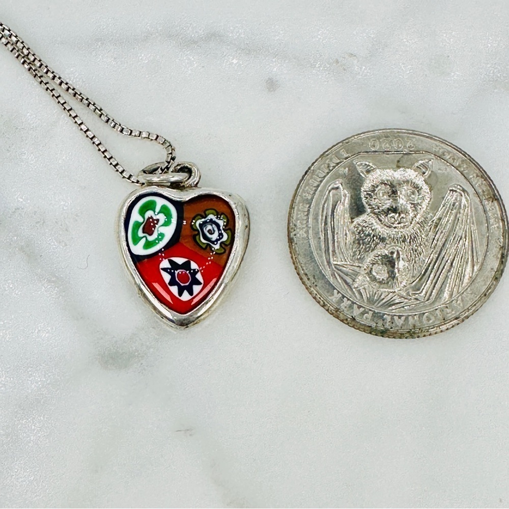 Vintage Millefiori Heart Necklace Italian 925 Sterling Silver Box Chain Red Blue - Picture 8 of 11